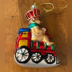 Vtg Lao Mai Christmas Bear Driving Train Glass Ornament